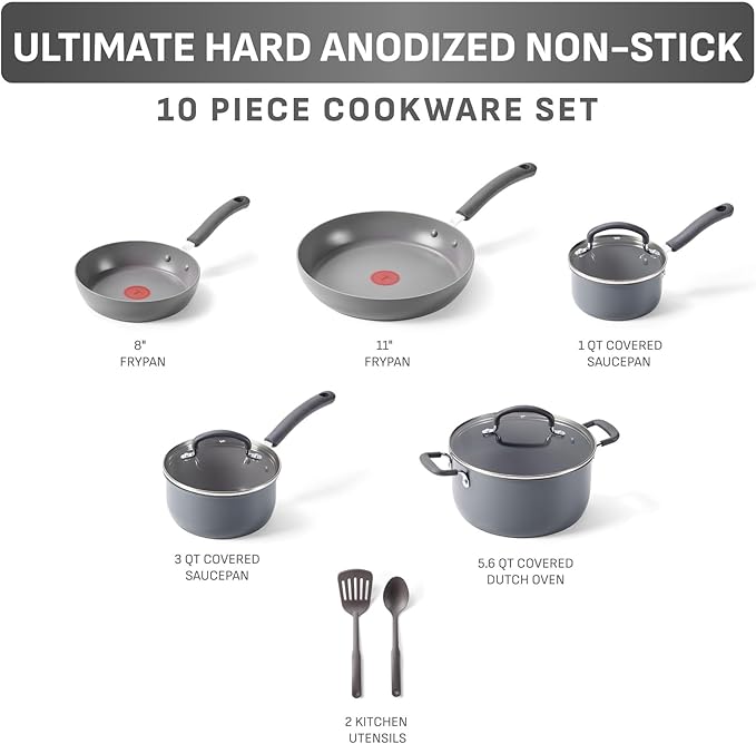 T-Fal Ultimate Hard Anodized Nonstick 10 Piece Cookware Set, Oven Safe Up to - Image 2