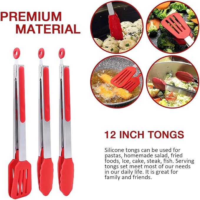 12 Inch Kitchen Tongs Set of 3, Cooking Tongs - Image 5