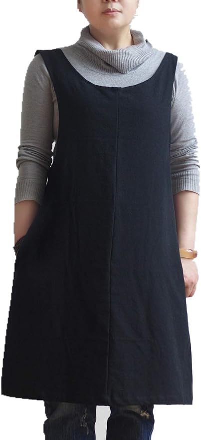 Cotton Linen Japanese Apron Halter Cross Back Bandage X Shape Aprons Two Pockets - Image 2