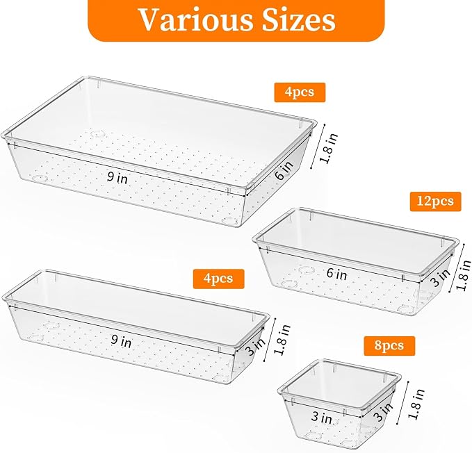 StorMiracle 32 PCS Clear Plastic Drawer Organizer Set, 4-Size vanity organizer - Image 3