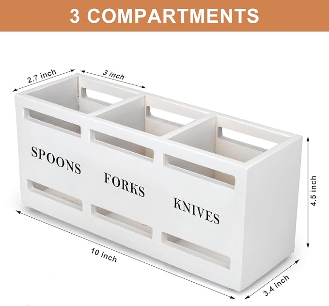 Wooden Silverware Cutlery Holder White Flatware Caddy Small Kitchen Utensil - Image 7