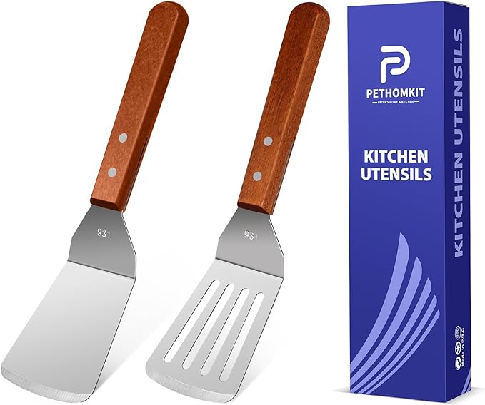 Metal Spatula Set for Kitchen Use, Wood Handle Wok Flat Top Grill Griddle by PETERSHOMEANDKITCHEN