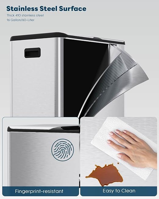 ComfyCorner 16 Gal Dual Trash Can, Stainless Steel Kitchen Garbage Bin - Image 3