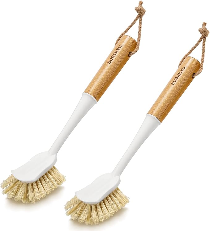 SUBEKYU Dish Brush with Bamboo Handle, Kitchen Dish Scrubber Built-in Scraper by SUBEKYU