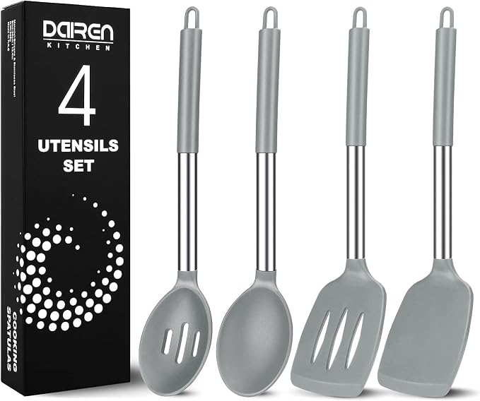 Pack of 4 Large Silicone Cooking Spatulas and Spoons, Slotted and Solid by DaiRenKitchen
