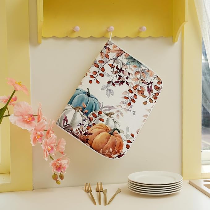 Fall Dish Drying Mat 18 x 24 Inch Autumn Maple Leaf Pumpkin Drying Mat - Image 5