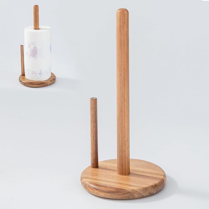 14" Acacia Wooden Paper Towel Holder, 6.7" Large Heavy Base Wooden Kitchen by MediterraneanFoodExperience