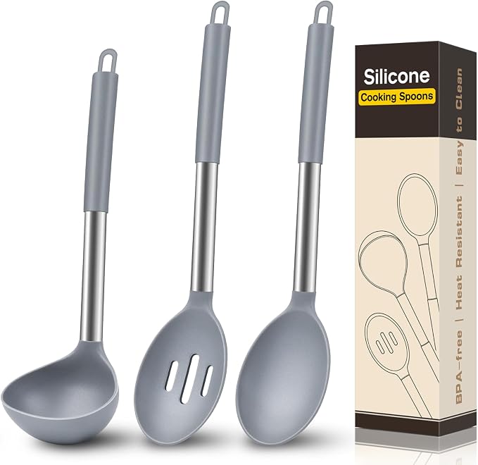 3Pcs Silicone Cooking Spoon Set, Kitchen Utensils Include Solid & Slotted Spoon by Unknown