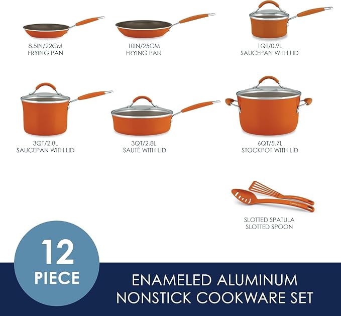 Rachael Ray Cucina Nonstick Cookware Pots and Pans Set, 12 Piece, Pumpkin Orange - Image 2