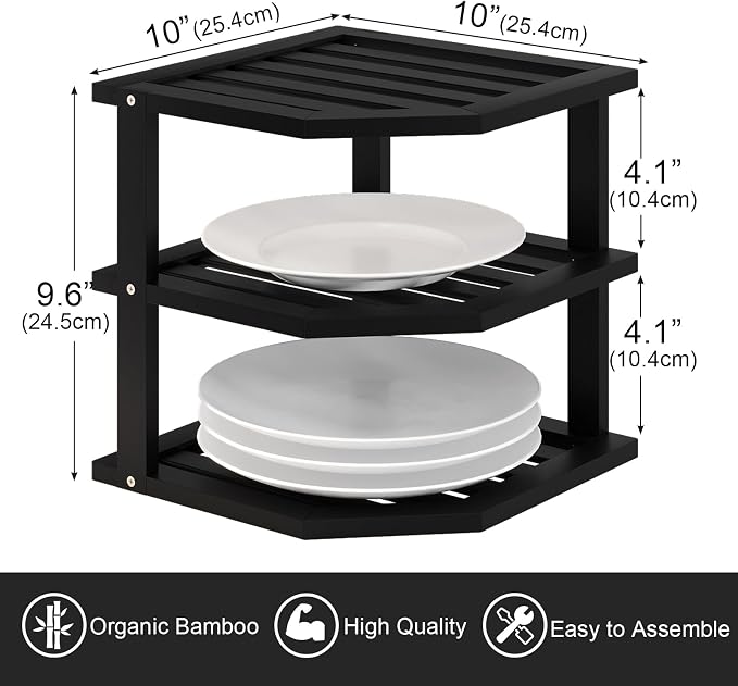 VERTORGAN 3 Tier Bamboo Corner Shelf, Dish Drying Rack, Plate Organizer - Image 3