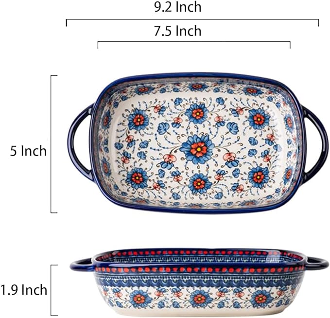 Blue and Orange Flower Vintage Style Ceramic Bakeware Casserole Dish Baking Pan - Image 2