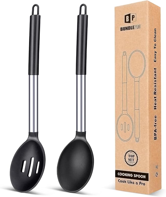 Pack of 2 Large Silicone Cooking Spoons, Non Stick Solid Basting Spoon by BUNDLEPRO