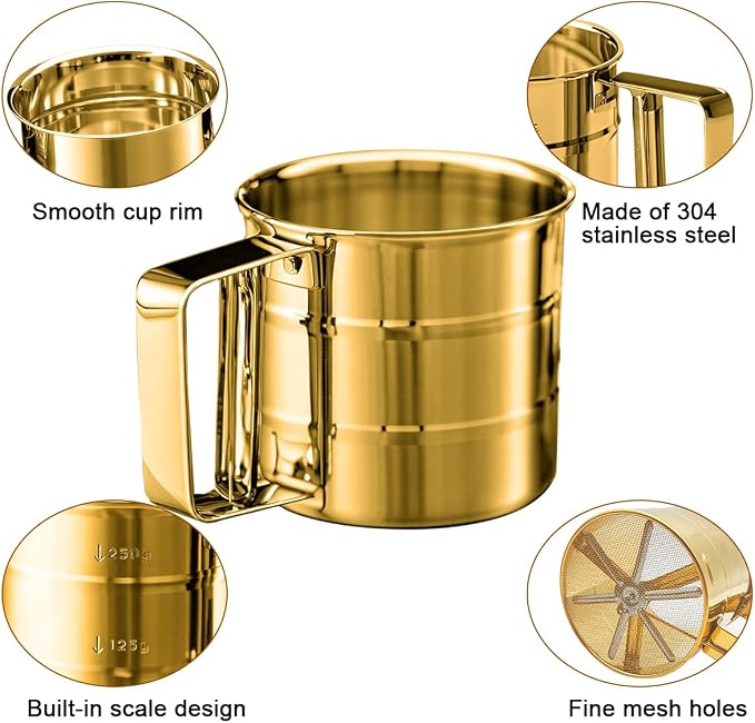 Gold Flour Sifter Baking Tool Set, findTop Stainless Steel 4-Piece Kit - Image 3