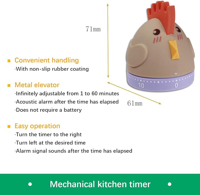 Mechanical Kitchen Timer, Cute Wind Up 60-Minute Manual Countdown - Image 2
