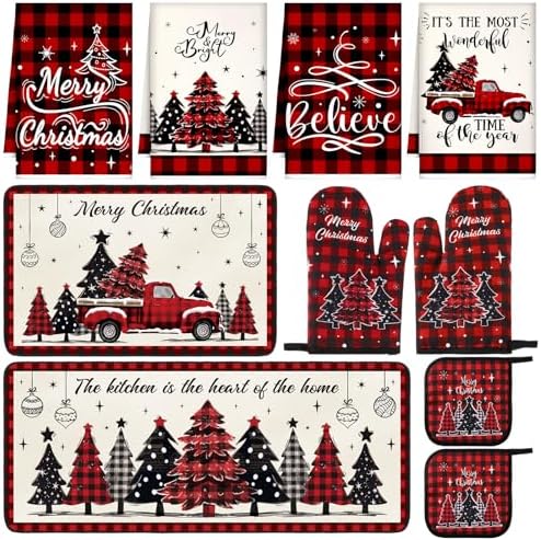 Fanfanwin 10 Pcs Christmas Kitchen Decor Set Kitchen Towels and Rugs