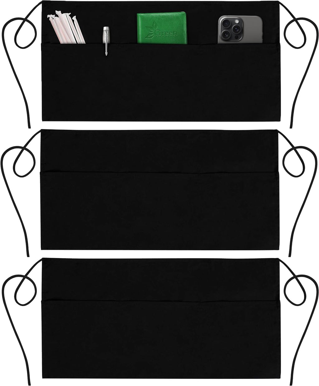 3 Pack Server Aprons with 3 Pockets - Waist Apron, Waitress Apron for