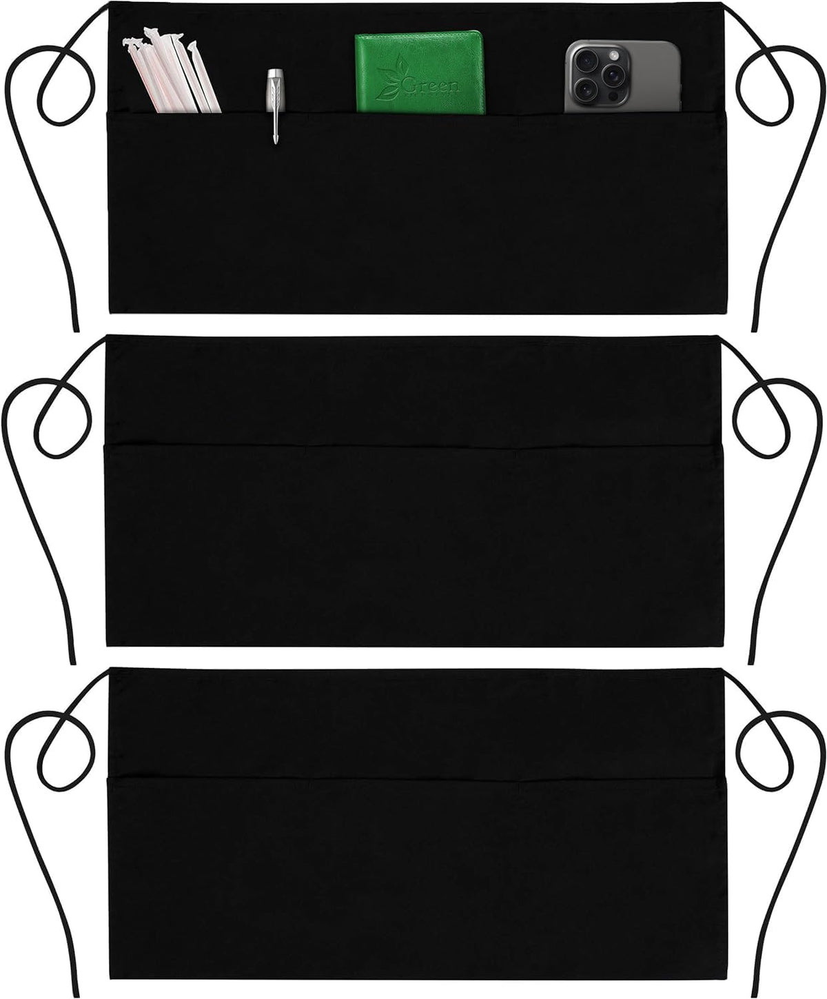 3 Pack Server Aprons with 3 Pockets - Waist Apron, Waitress Apron for