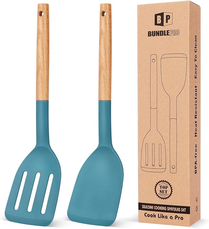 Pack of 2 Silicone Cooking Spatula, Heat Resistant Solid Turner, Non Stick by BUNDLEPRO