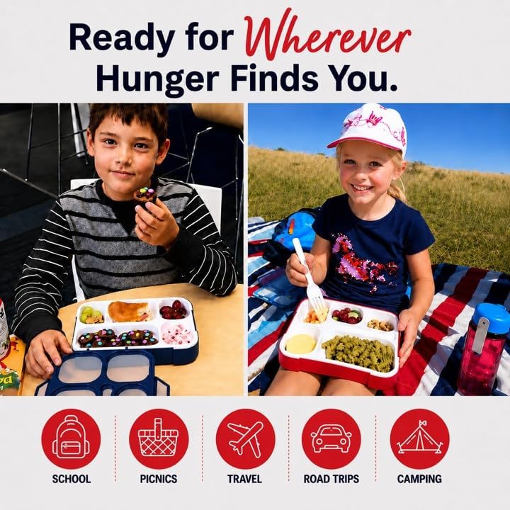 kinsho Bento Lunch Box Containers for Kids, Set of 2 (Red & Navy Blue)