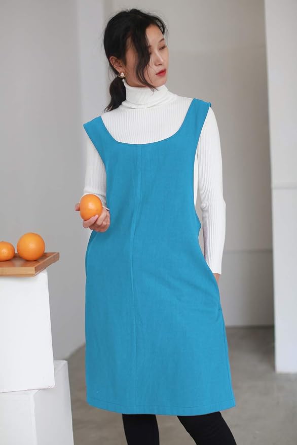 Cotton Linen Japanese Apron Halter Cross Back Bandage X Shape Aprons Two Pockets - Image 8
