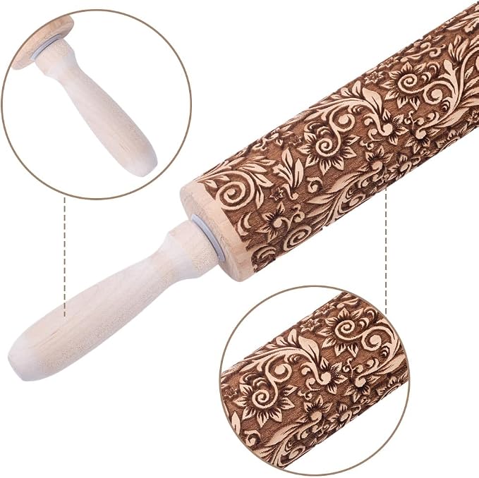 Embossed Wooden Rolling Pin Vine Print 35cm Rolling Pin - Image 3