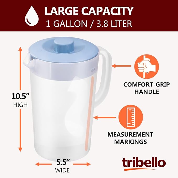 Tribello 1 Gallon Pitcher with Lid, Freezer/Dishwasher Safe, and BPA Free - Image 3