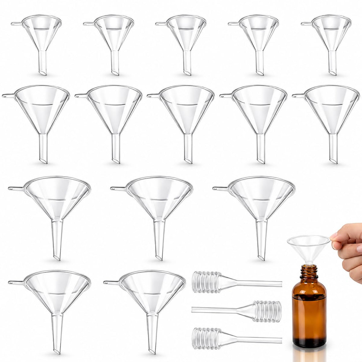 18 PCS 3 Sizes Clear Small Funnels Kit for Filling Small Bottles