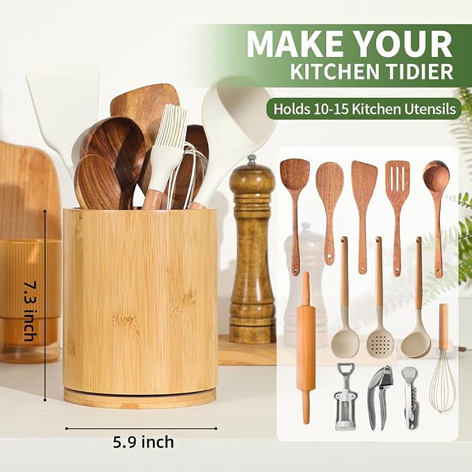 Wooden Utensil Holder, 360°Rotating 7.3'' Large Utensil Holder - Image 2