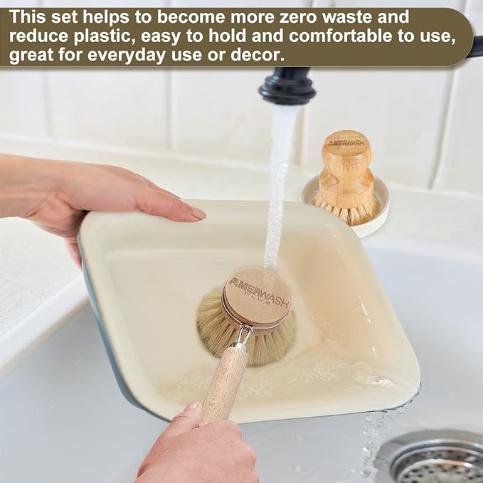 Wooden Dish Brush Set Clean Pots, Pans and Vegetable, Natural Bristles Bamboo - Image 5