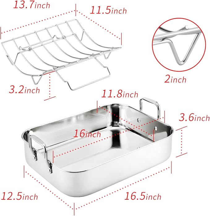 JY COOKMENT Roasting Pan with Baking Rack, 16.5 Inch Stainless Steel Turkey - Image 3