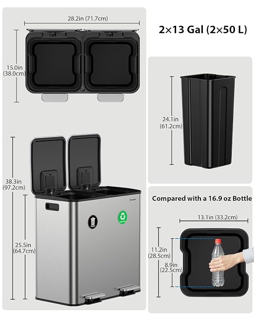 Dual Trash and Recycling Bins for Kitchen, 2×13 Gallon Stainless Steel Trash - Image 8