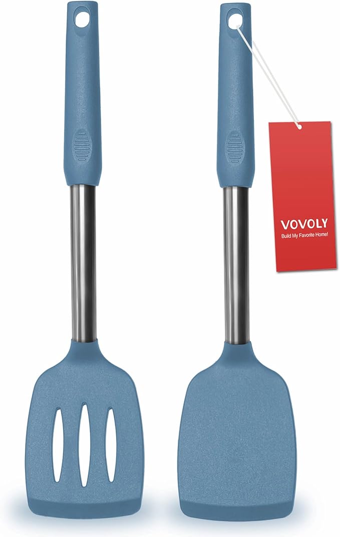2 Pack Spatulas, Solid & Slotted Silicone Spatula Set, Stainless Steel Handle by VOVOLY