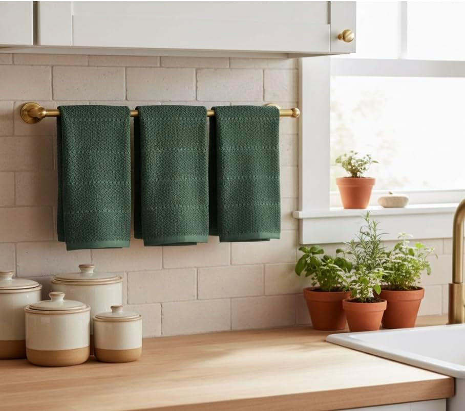 Dark Green Kitchen Hand Dish Towels, Set of 3, 100% Cotton, 18" x 28"