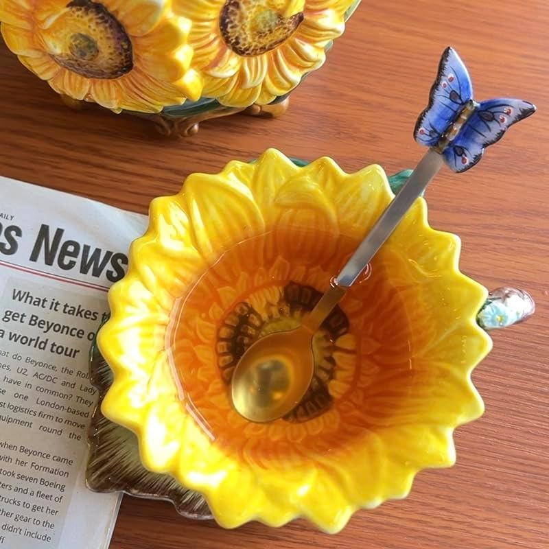 Ceramic Coffee Mug & Saucer Set, 3D Sunflower & Leaf, 6oz