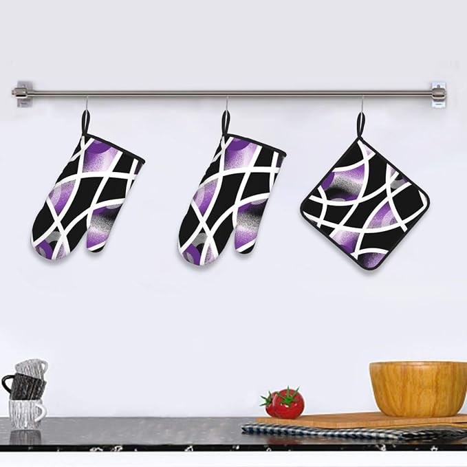 3-Piece Purple Black Abstract Geometric Oven Mitts and Pot Holders Set - Image 2