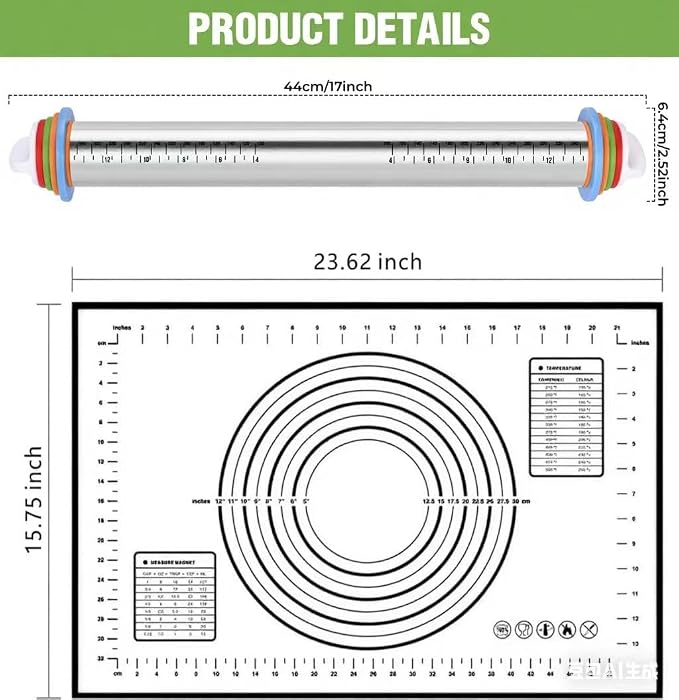 Rolling Pin with Adjustable Thickness Rings and Silicone Baking Pastry Mat Set - Image 2