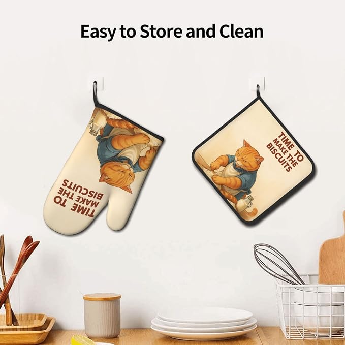 Cute Cat Oven Mitts and Pot Holder Set, Funny Heat Resistant Kitchen Gloves Hot - Image 5