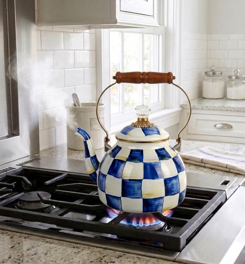 Checkered Tea Kettle for Checkered Kitchen Decor - Blue and White Tea