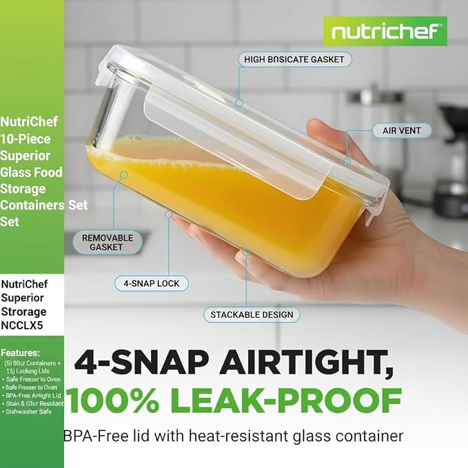NutriChef 10-Piece Superior Glass Food Storage Containers Set, Stackable - Image 4