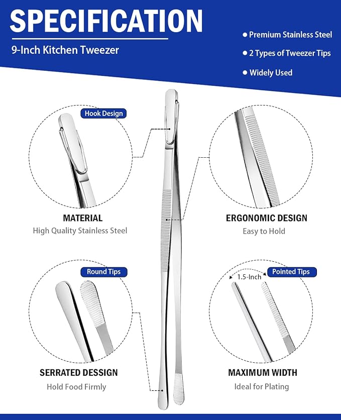 JETKONG 2 Pcs 9-Inch Kitchen Tweezers Cooking Tweezers Stainless Steel Tweezers - Image 2