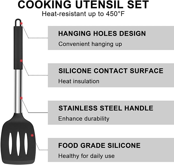 E-far Silicone Cooking Utensils Set, Slotted Turner, Soup Ladle, Pasta Server - Image 5