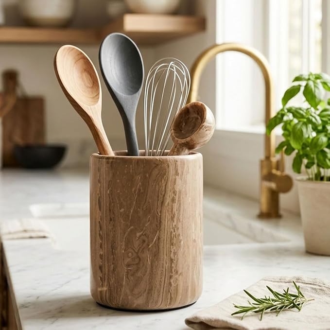Radicaln Marble Utensil Holder 6.5" Inches Natural Brown Handmade Spatula Set - Image 4