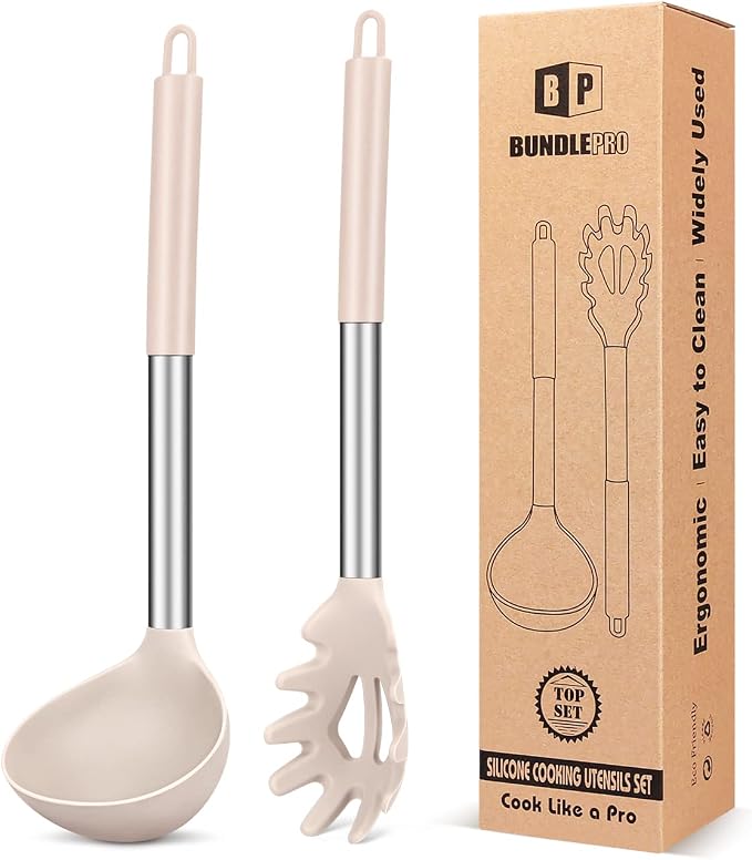 Silicone Pasta Fork and Ladle Spoon Set, Large Non Stick Kitchen Utensils by BUNDLEPRO