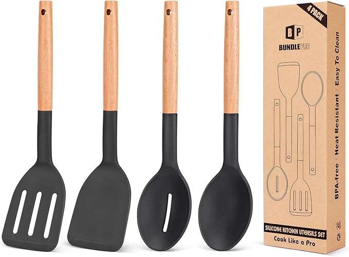 Pack of 4 Silicone Cooking Utensils Set, Non Stick Solid Spatulas and Heat by BUNDLEPRO