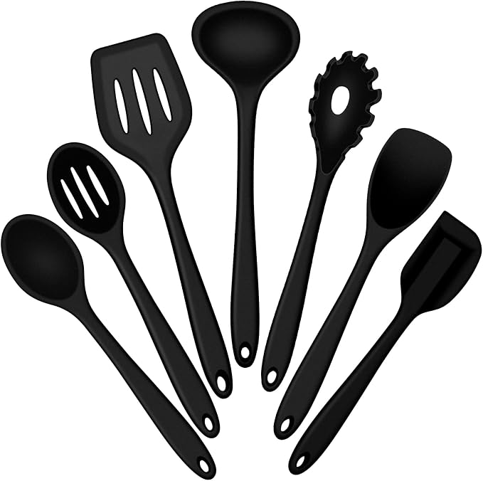 E-far Silicone Cooking Utensils Set, 7-Piece Black Heat Resistant Kitchen by E-far