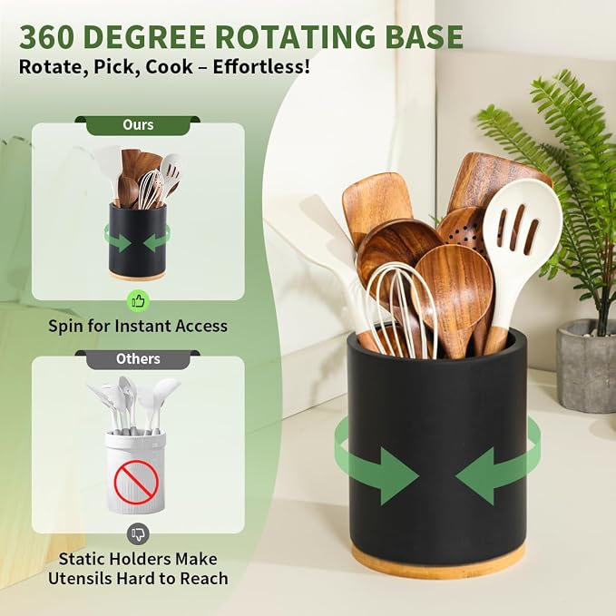 Wooden Utensil Holder, 360°Rotating 7.3'' Large Utensil Holder - Image 3