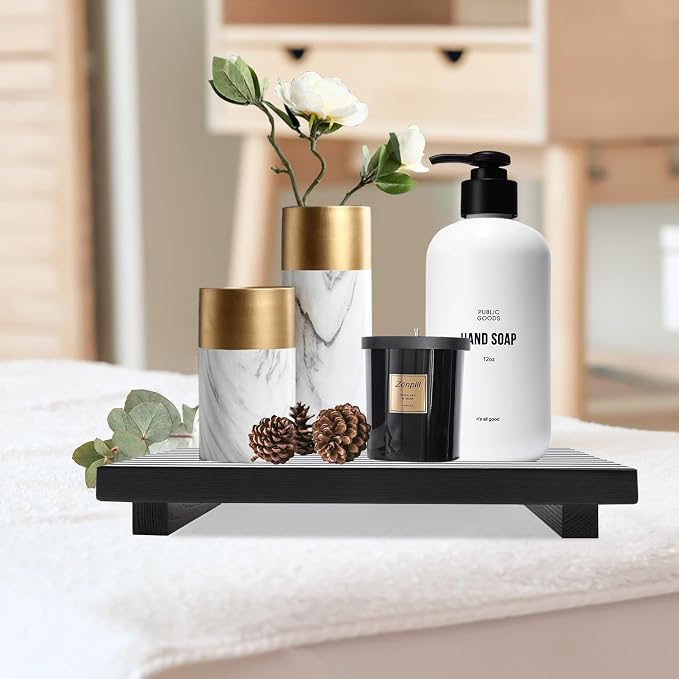 Renawe Black Bathroom Counter Tray Organizer Wood Riser Stand Kitchen - Image 2