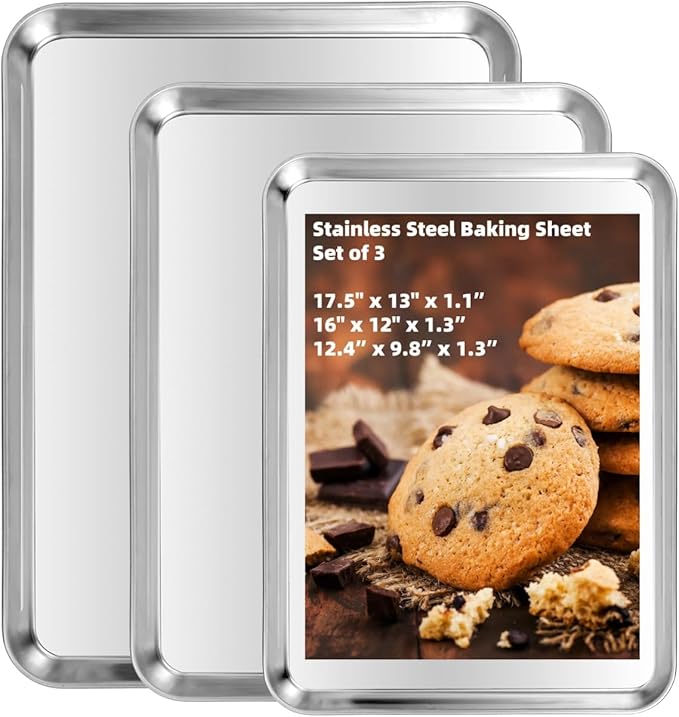 Baking Sheet Set of 3, Heavy-Duty Stainless-Steel Baking Pans, Cookie Sheets by Kichwit