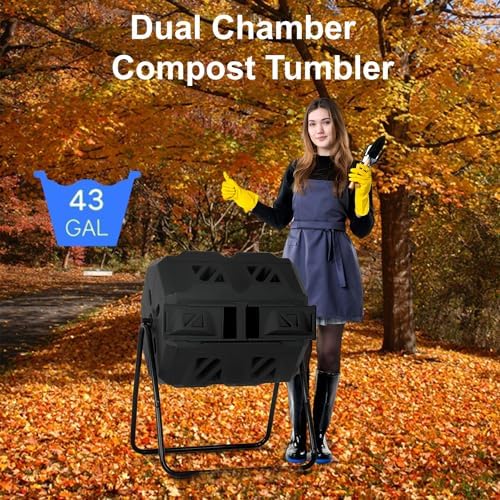 FDW | Outdoor Compost Bin | 43 Gallon | Black | Dual Chamber Tumbling