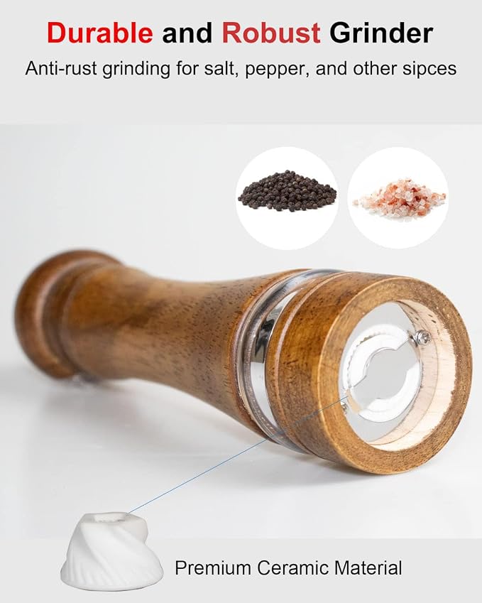 6-Inch Wooden Pepper Grinder Salt Grinder, Refillable Manual Pepper Mill - Image 3